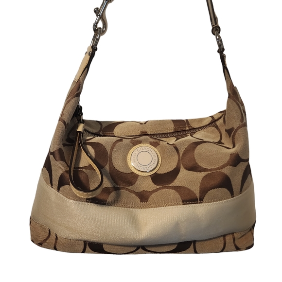 Coach Brown on Tan Stripe Signature Monogram Hobo Bag 23769E - Picture 6 of 8